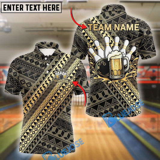 BlueJose Bowling Yellow and Black Tribal Pattern Bowling and Beer Customized Name, Team Name 3D Shirt