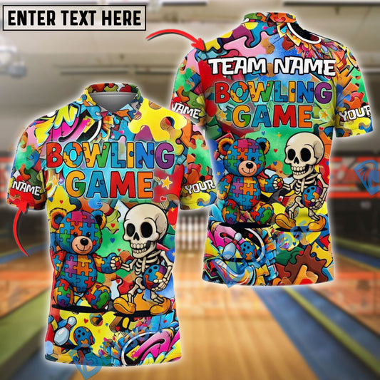 BlueJose Bowling Skull And Bear Colorful Puzzle Cartoon Autism Awareness Personalized Name, Team Name Unisex Shirt