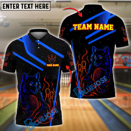BlueJose Bowling Neon Wolf Flame Strike Customized Name, Team Name 3D Shirt (4 Colors)