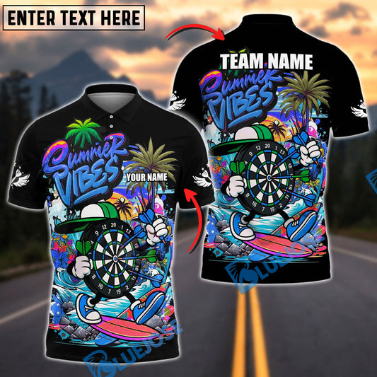 BlueJose Darts Summer Vibes Surf Style Personalized Name, Team Name Shirt (4 Colors)