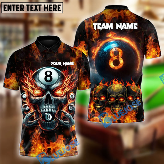 BlueJose Billiards Ball 8 Pool Skull Fire Personalized Name Shirt (4 Colors)