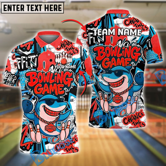 BlueJose Bowling Funny Shark Graffiti Style Customized Name, Team Name 3D Shirt (4 Colors)