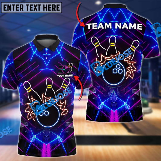 BlueJose Bowling And Pins Neon Light Style Customized Name, Team Name 3D Shirt
