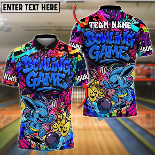 BlueJose Bowling And Pins Graffiti Colorful Bunny Customized Name, Team Name 3D Shirt (4 Colors)