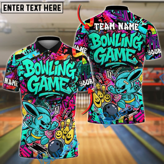 BlueJose Bowling And Pins Graffiti Colorful Bunny Customized Name, Team Name 3D Shirt (4 Colors)