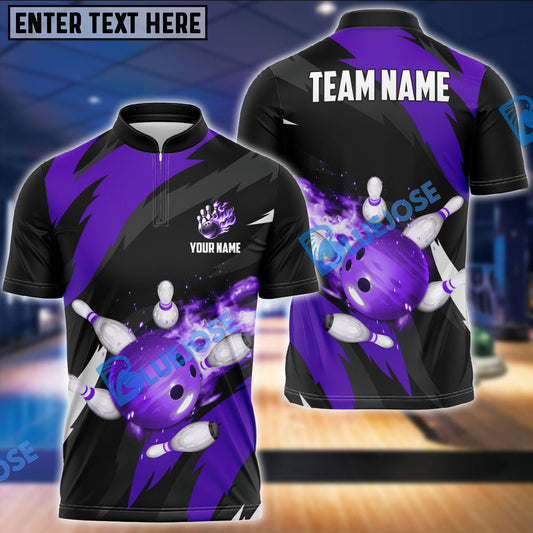 BlueJose Bowling And Pins Flaming Throw Customized Name 3D Shirt - Purple