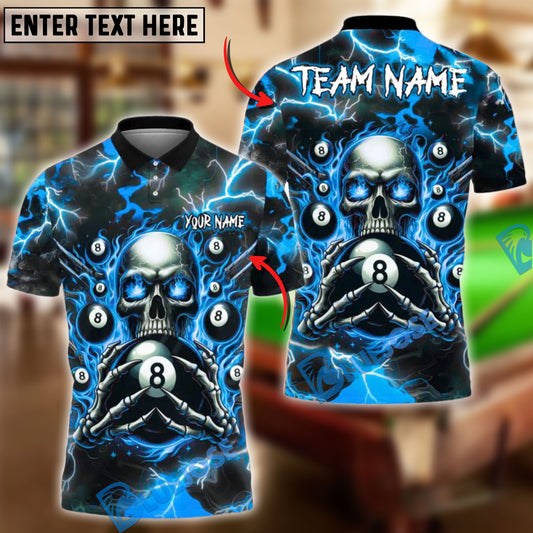 BlueJose Billiards Ball 8 Pool Skull Fire Thunder Personalized Name & Team Name Shirt (4 Colors)