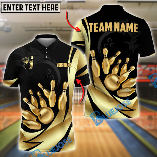 BlueJose Bowling Ball & Pins Royal Gold Strike Customized Name, Team Name 3D Shirt (4 Colors)