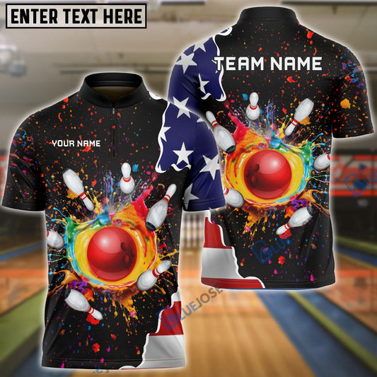 BlueJose Bowling And Pins Colorful Paint Flag Personalized Name Team Name 3D Shirt, Personalized Shirts For Bowling Players