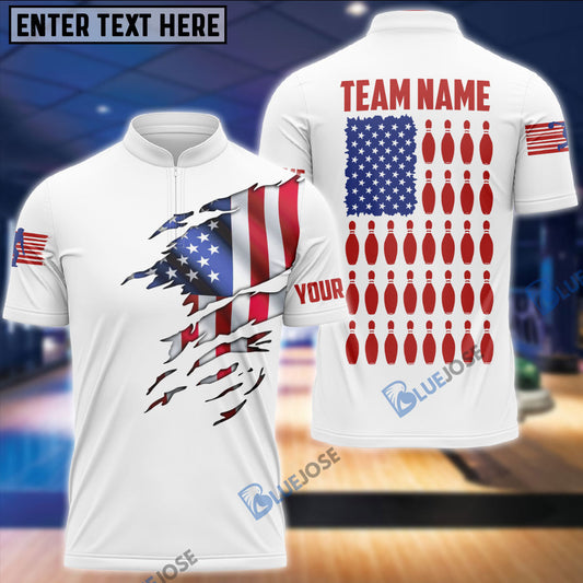 BlueJose White American Flag Bowling Pins Customized Name, Team Name 3D Shirt