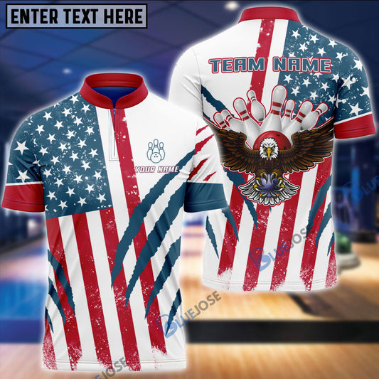 BlueJose US Flag Eagle Bowling and Pins Customized Name, Team Name 3D Shirt
