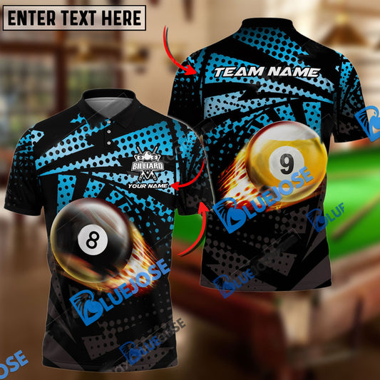 BlueJose Billiards Ball 8&9 Fire Point Strike Personalized Name, Team Name Shirt (4 Colors)