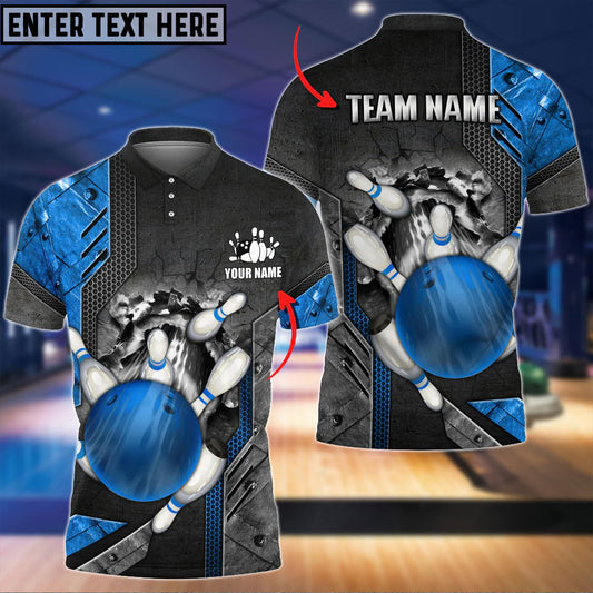 BlueJose Bowling Ball And Pins Crack Metalic Multicolor Personalized Name 3D Shirt