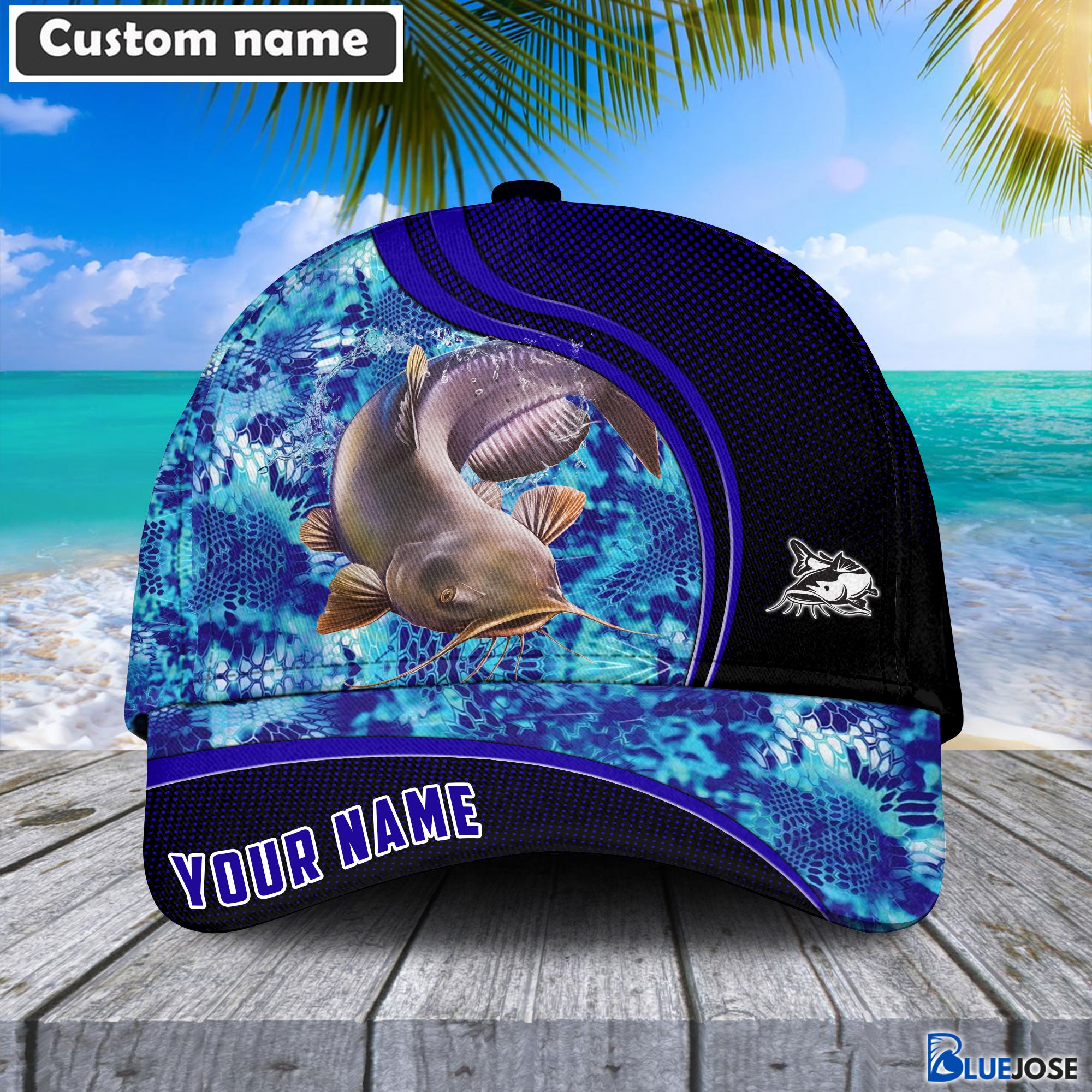 BlueJose Blue Patchy Catfish Fishing Personalized Cap – Blue Jose