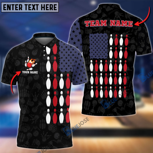BlueJose Bowling US Flag Shoulder Customized Name, Team Name 3D Shirt (Black & White)