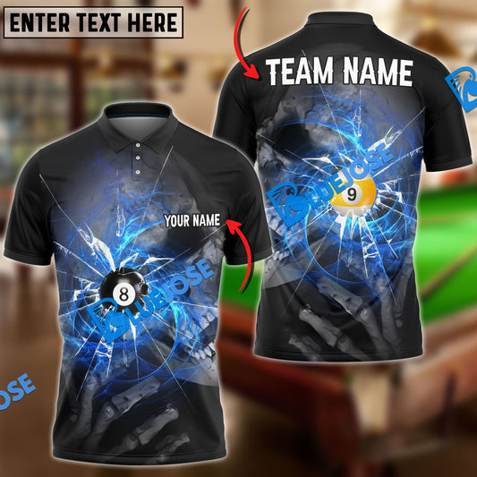 BlueJose Billiards Ball 8&9 Spinning Wind Skull Eye Personalized Name, Team Name Shirt (4 Colors)