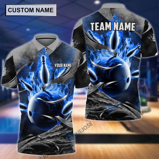 BlueJose Fire Gray Bowling and Pins Personalized Name Team Name 3D Shirt