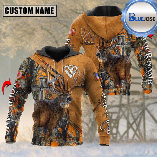 BlueJose Personalized Name Deer Hunting USA Camo Flag Leather Pattern 3D Shirts ( 3 Colors )