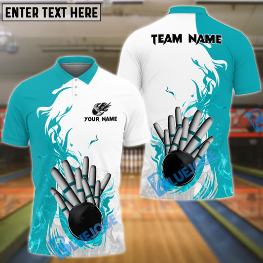 BlueJose Candlepin Bowling Basic Fire Flame Customized Name 3D Shirt (4 Colors)