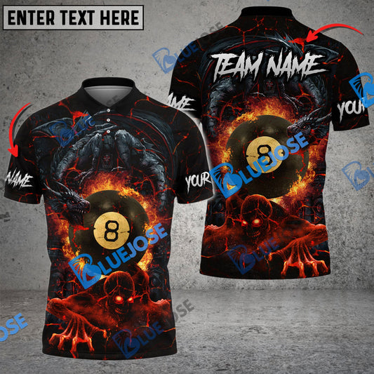 BlueJose Billiards Ball 8 Skull & Dragon Fight Personalized Name, Team Name Shirt (4 Colors)