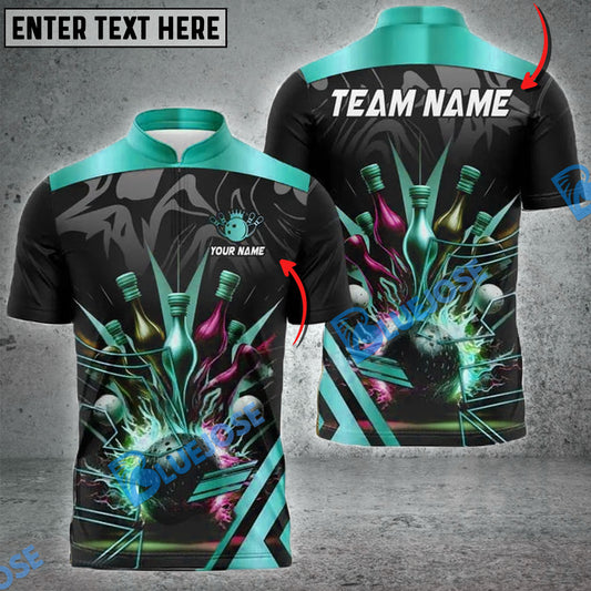 BlueJose Bowling And Pins Thunder Bowl Multicolor Customized Name 3D Shirt ( 4 Colors )
