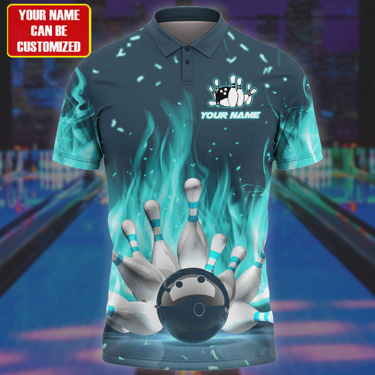 BlueJose Bowling Fire Multicolor Customized Name 3D Polo Shirt