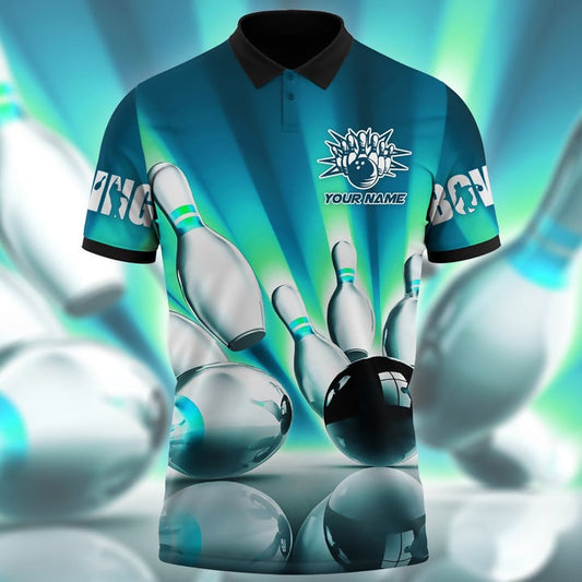 BlueJose Bowling Ball And Pins Classic Multicolor Customized Name 3D Polo Shirt