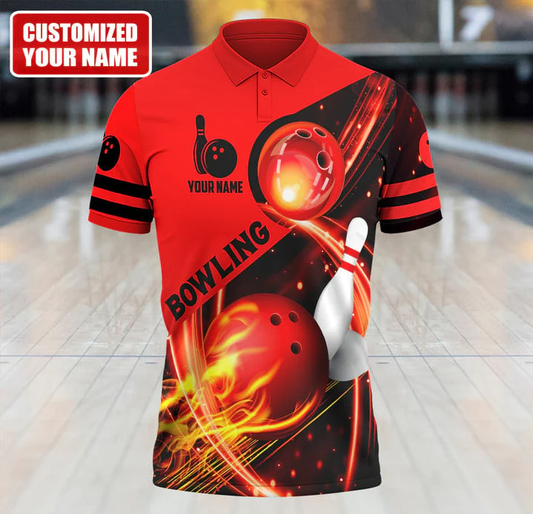 BlueJose Red Bowling Fire Customized Name 3D Shirt