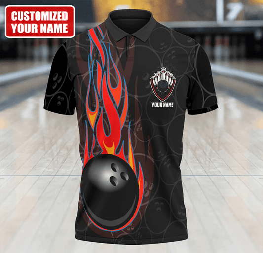 BlueJose Black Bowling Ball Pattern Customized Name 3D Shirt