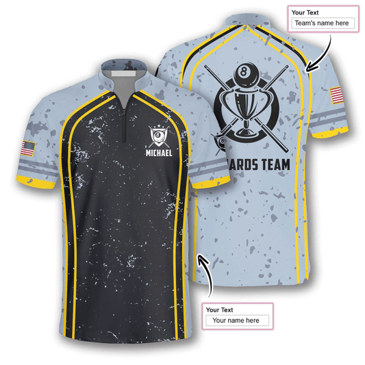 BlueJose Grey Black Grunge Style Billiard Custom Name Zipper Polo Shirt