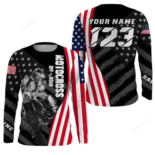 BlueJose Custom Dirt Bike Patriotic Motocross Off-Road American Flag Extreme Mx Racing 3D Shirt