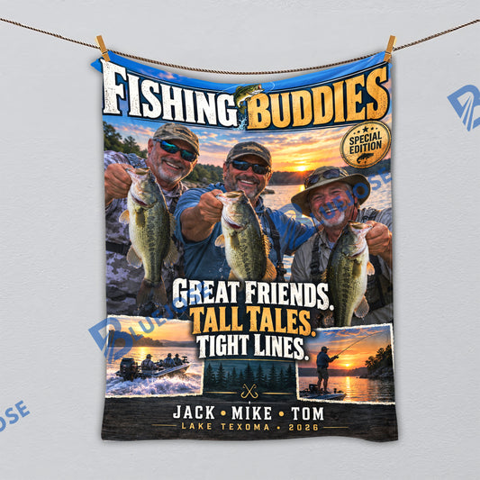 BlueJose Fishing Buddies – Personalized Photo Blanket with Names and Location