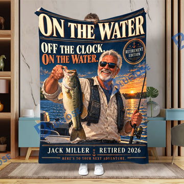 BlueJose Off the Clock, On the Water – Personalized Fishing Retirement Photo Blanket