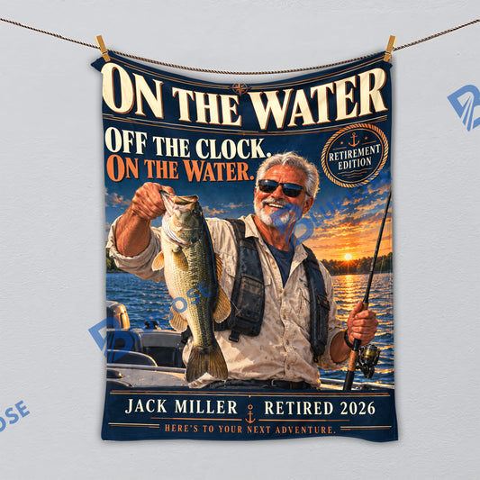 BlueJose Off the Clock, On the Water – Personalized Fishing Retirement Photo Blanket