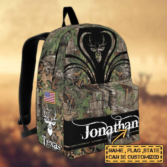 BlueJose Deer Hunting Name State & Flag Personalized Backpack