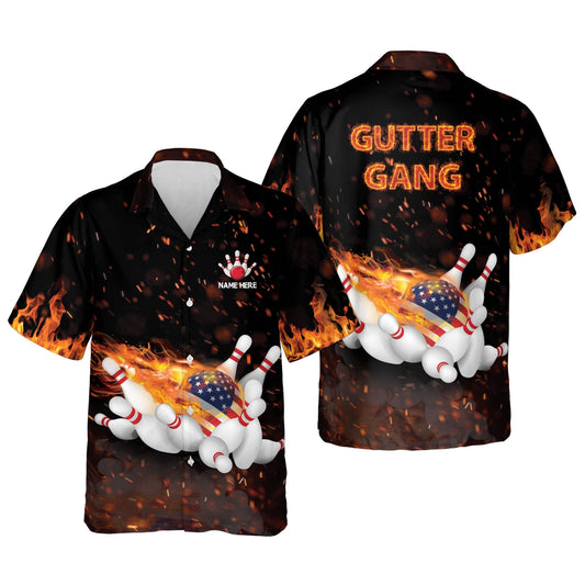 BlueJose Flame Bowling Gutter Gang Personalized Name Hawaiian Shirt
