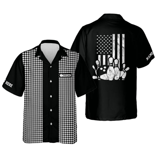 BlueJose USA Flag Patriotic Bowling Personalized Name Hawaiian Shirt