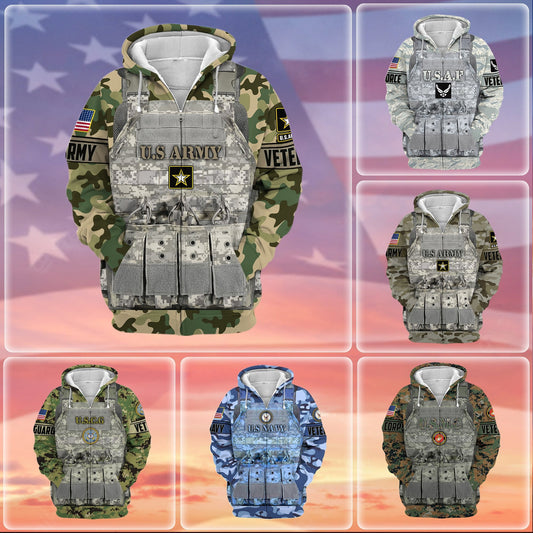 BlueJose Unique Camo Soldiers Multiservice US Veteran Zip Hoodie