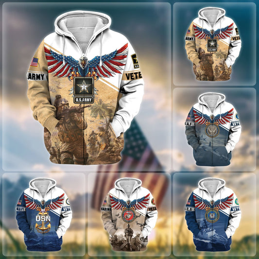 BlueJose Premium Multiple Services US Veteran Zip Hoodie
