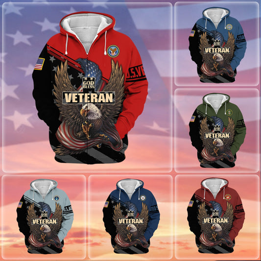 BlueJose Premium God Bless US Veteran Zip Hoodie