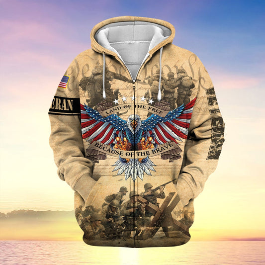 BlueJose Premium Land Of The Free US Veteran Zip Hoodie