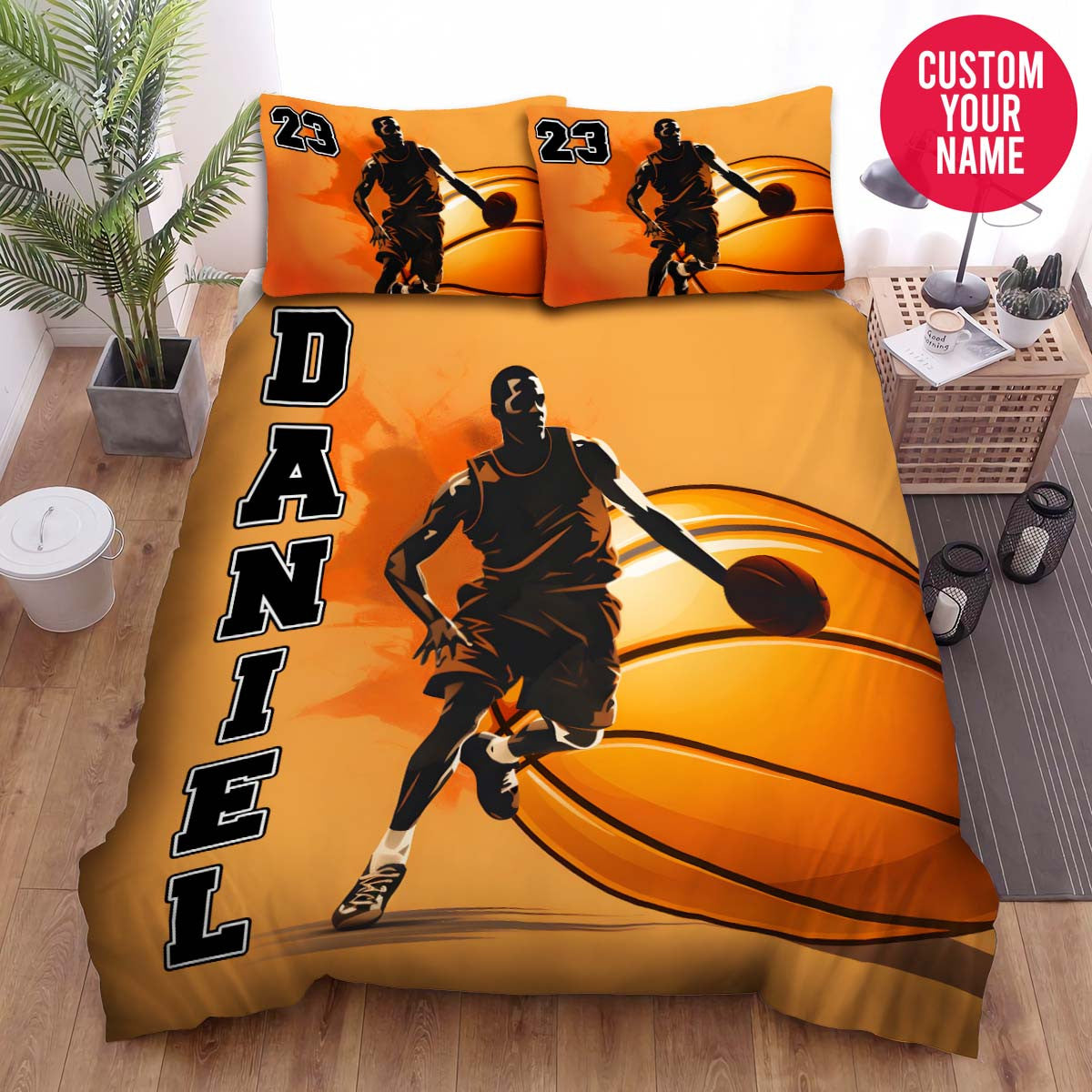 BlueJose Personalized Basketball Player Orange Background Custom Name Duvet Cover Bedding Set