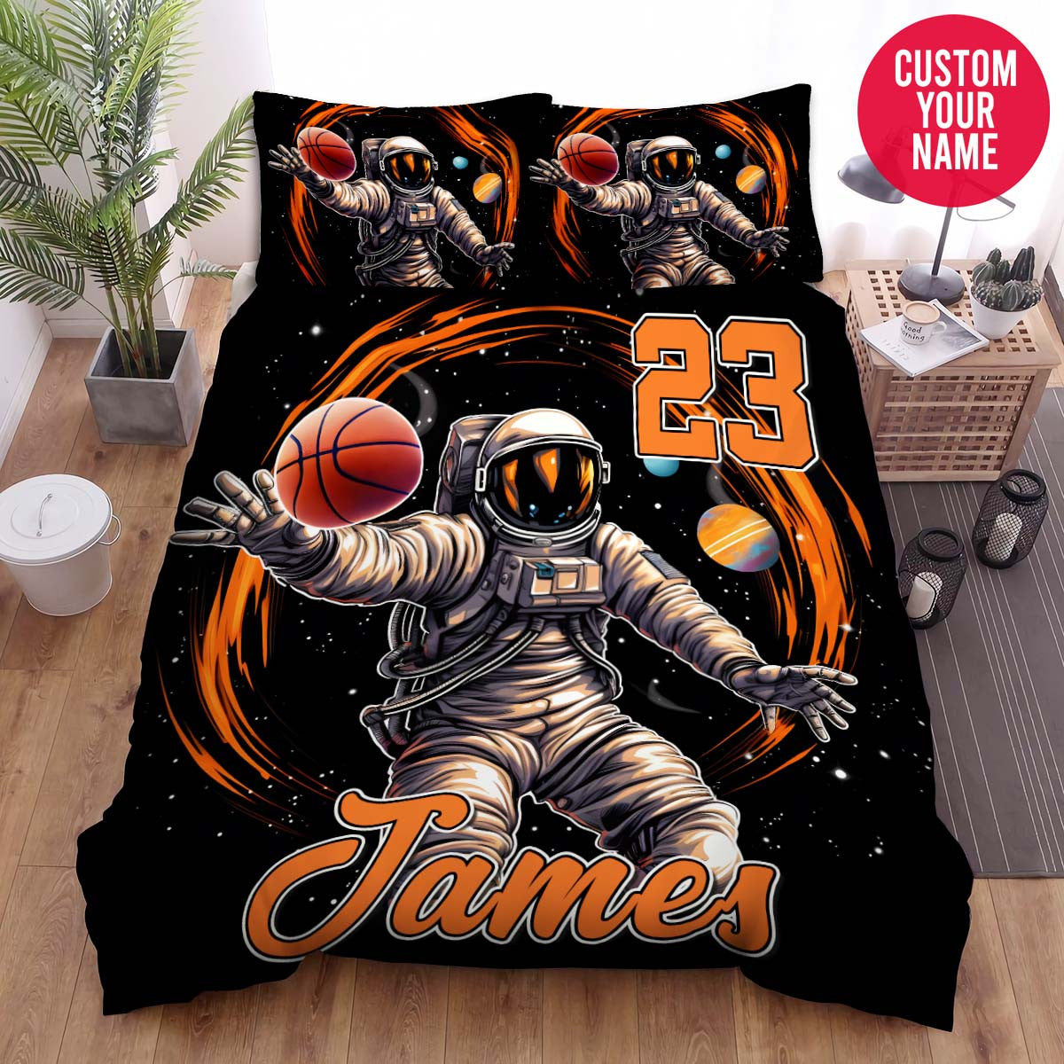 BlueJose Personalized Basketball Astronaut Passing The Ball Custom Name Duvet Cover Bedding Set