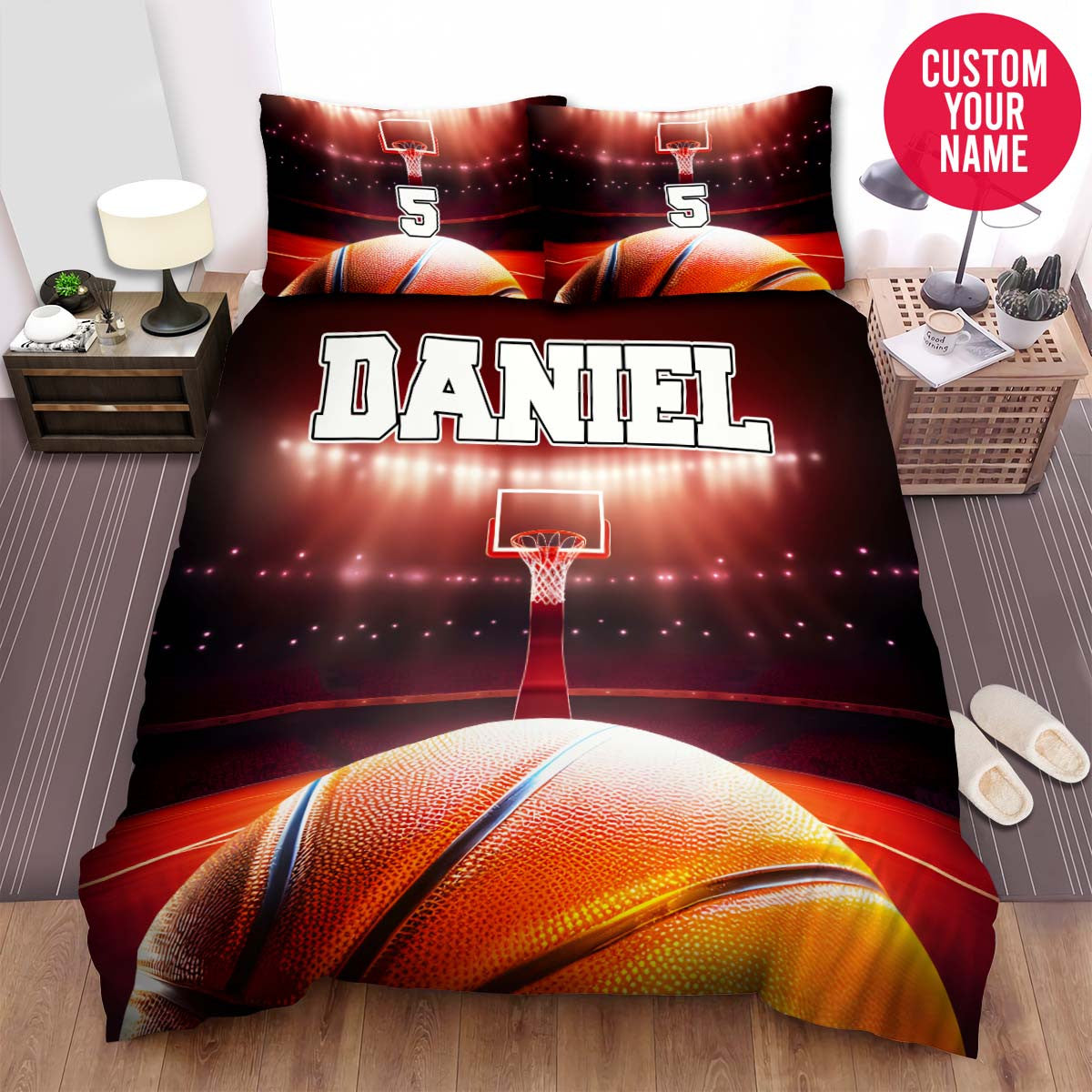 BlueJose Personalized Basketball Red Light Court Custom Name Duvet Cover Bedding Set