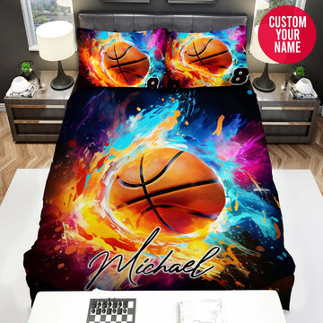 BlueJose Personalized Basketball Ball Colorful Splash Custom Name Duvet Cover Bedding Set