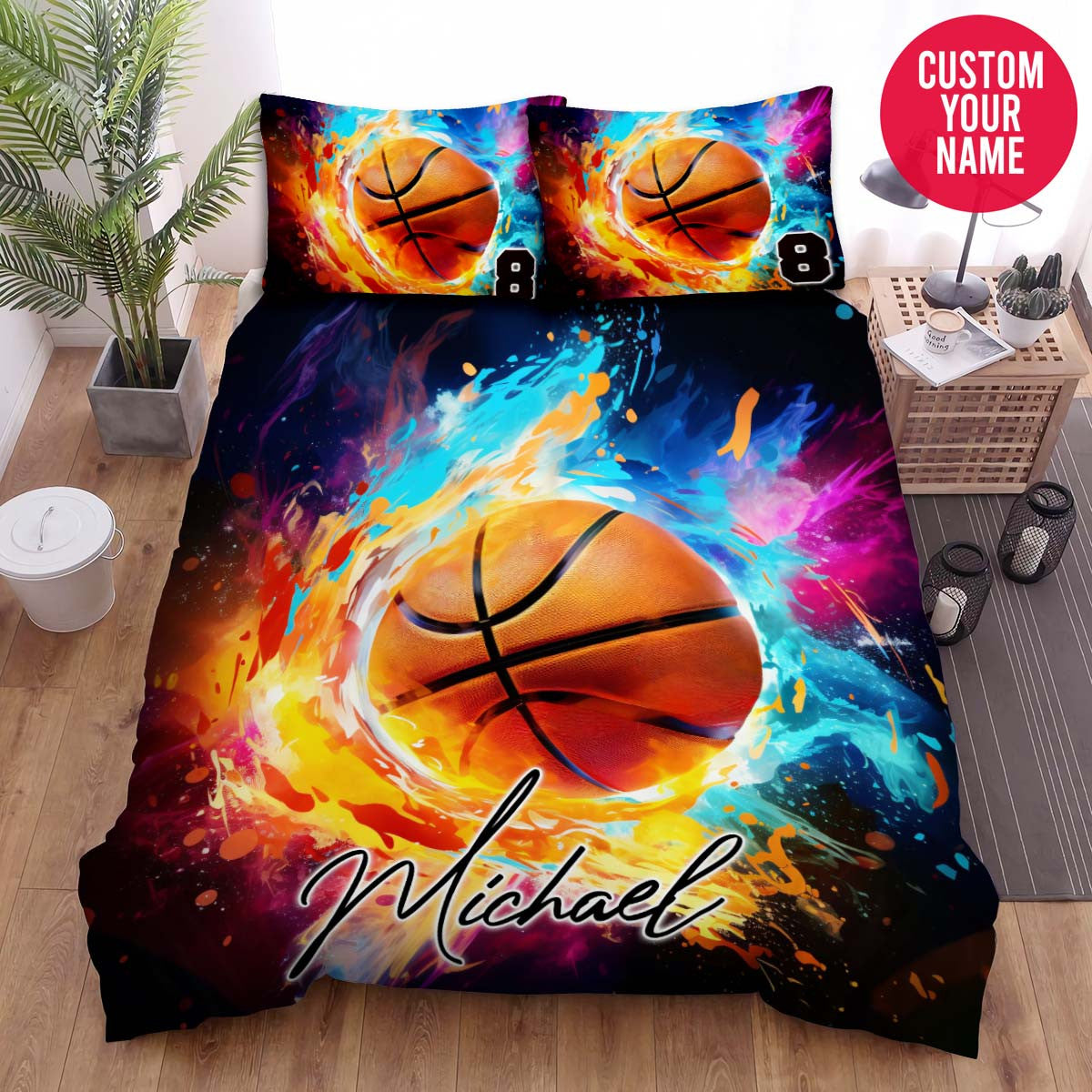 BlueJose Personalized Basketball Ball Colorful Splash Custom Name Duvet Cover Bedding Set