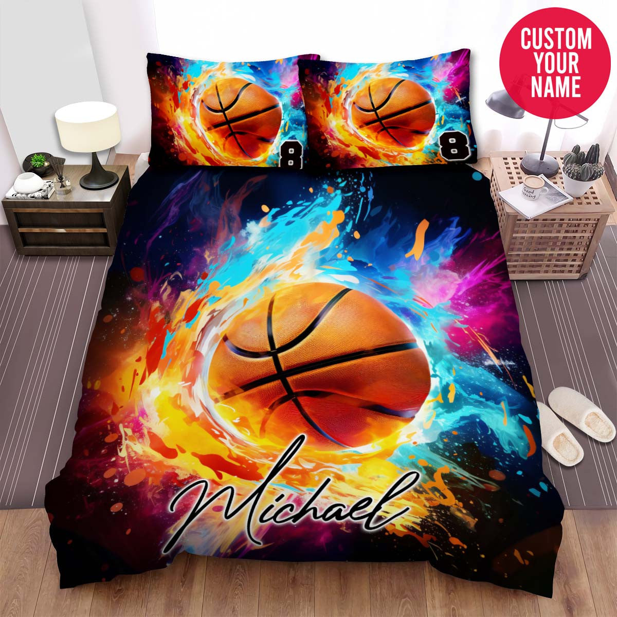 BlueJose Personalized Basketball Ball Colorful Splash Custom Name Duvet Cover Bedding Set