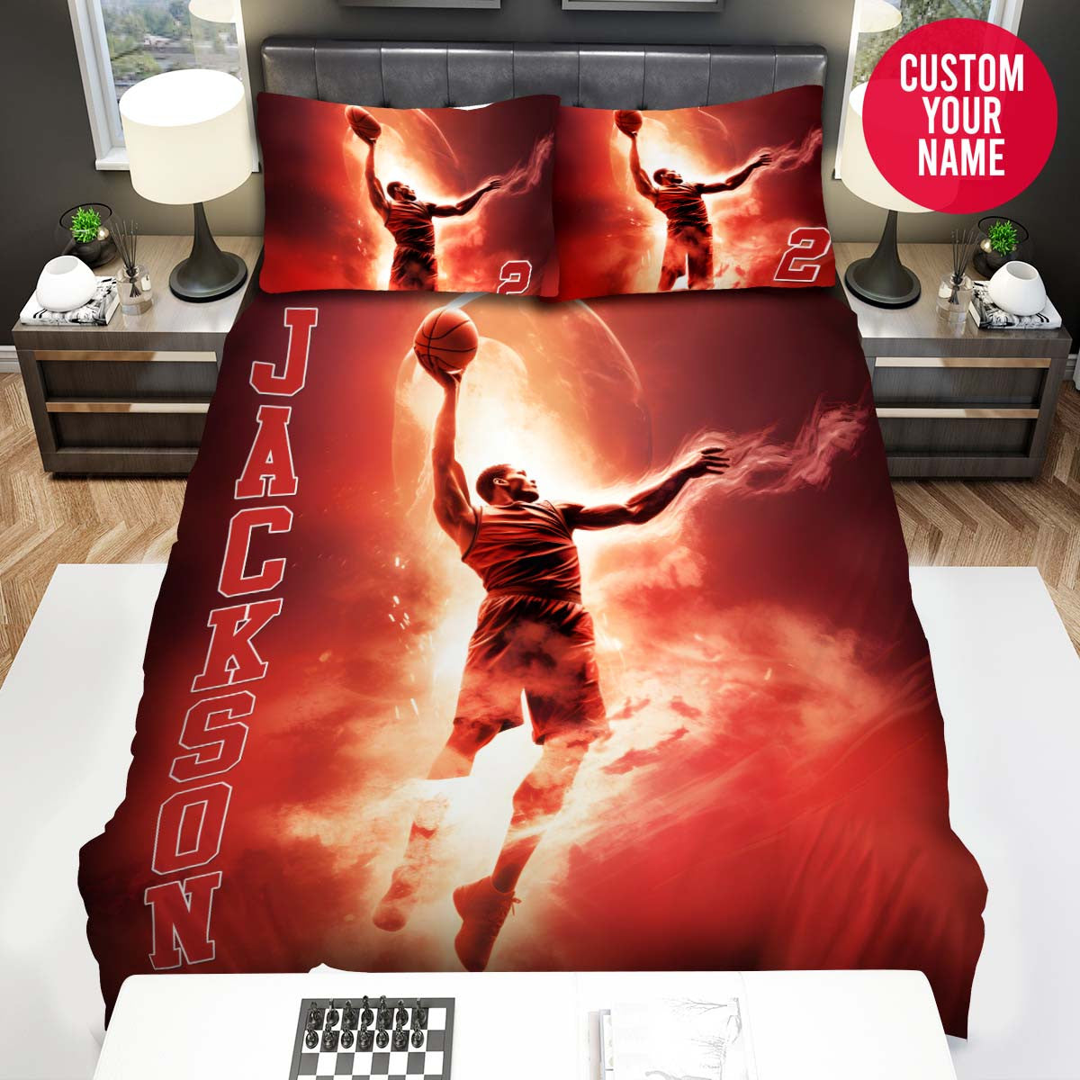 BlueJose Personalized Basketball Player Red Glowing Custom Name Duvet Cover Bedding Set