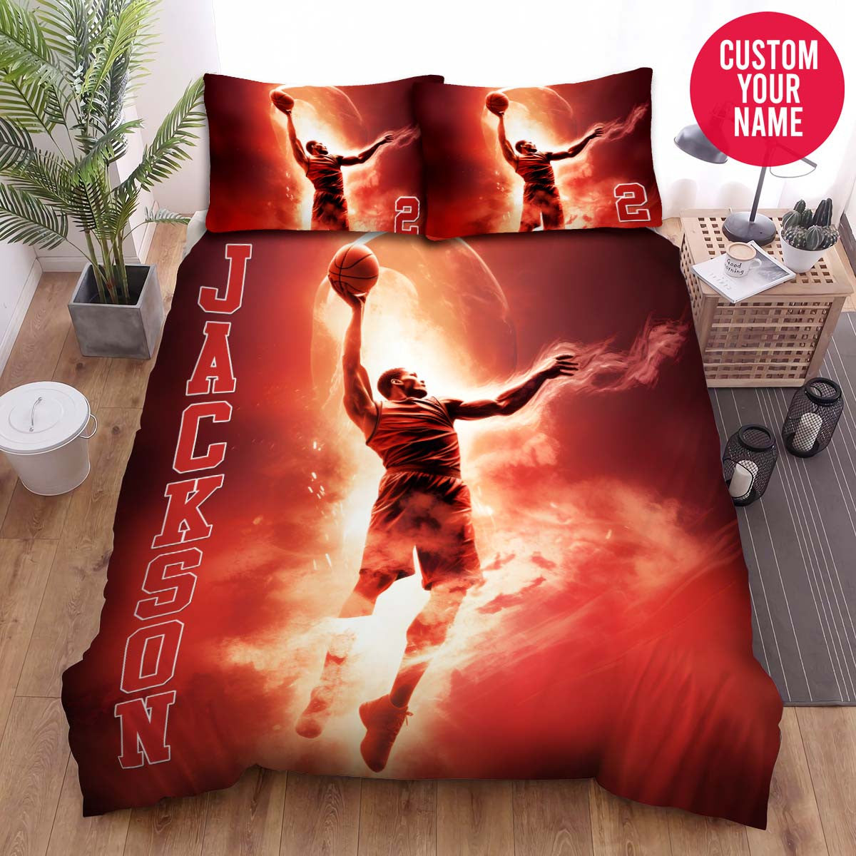 BlueJose Personalized Basketball Player Red Glowing Custom Name Duvet Cover Bedding Set