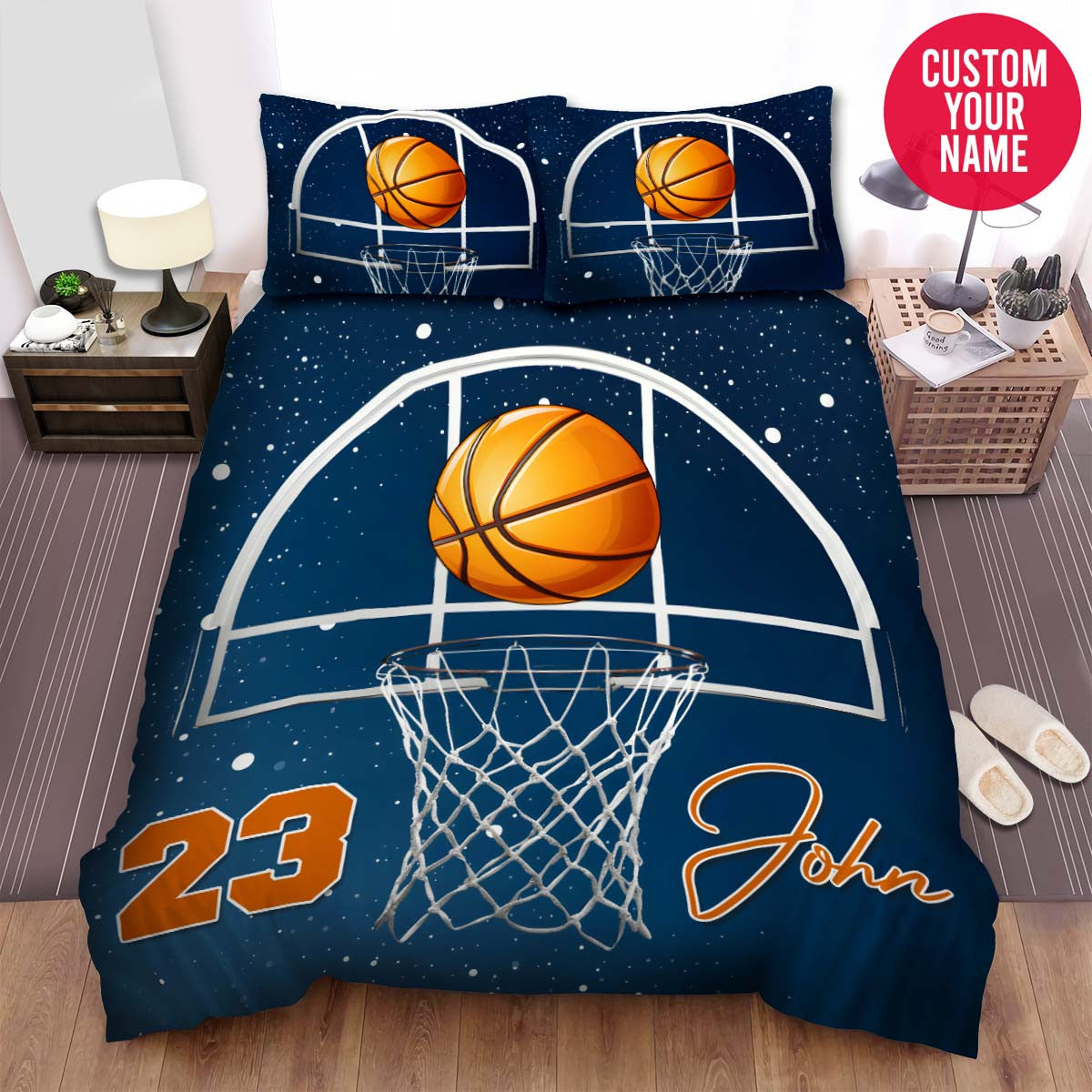 BlueJose Personalized Basketball Ball Going In The Basket Custom Name Duvet Cover Bedding Set